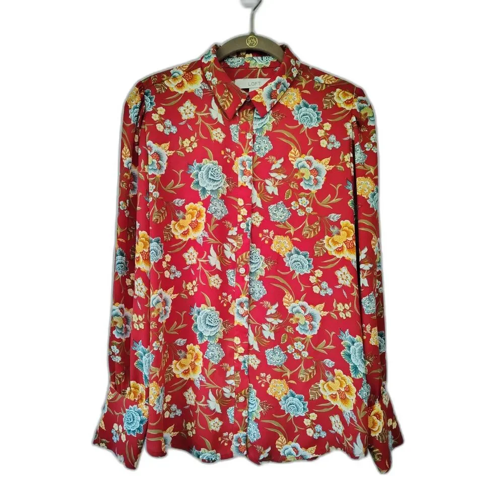 LOFT Red Floral Button Front Blouse Women's Small Cottagecore Boho Top - Picture 2 of 7